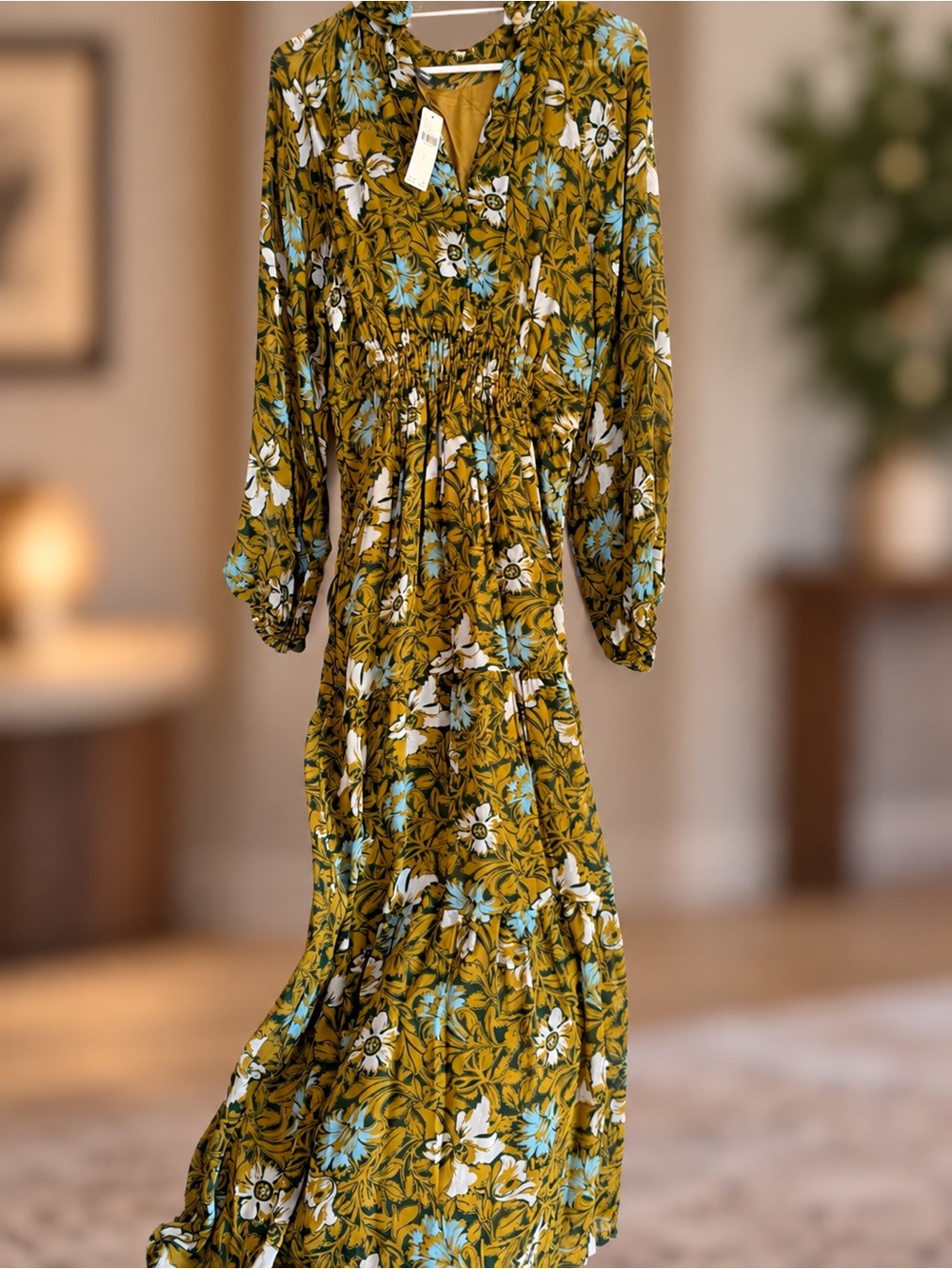 Anthropologie Mustard Floral Maxi Dress with Blue & White Accents